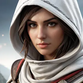 A beautiful Kassandra wearing a white hood in full Assassin's Creed style