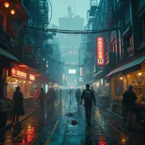 An amateur photo of a future cyberpunk world filled with activity and detail, conveying a sense of desperation and uncertainty