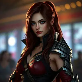 Alluring matte portrait of a beautiful Katarina from League of Legends in her battle suit