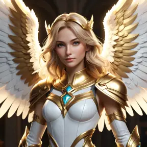 Alluring portrait of an angelic winged Kayle from League of Legends