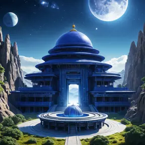 Cosmic round beautiful indigo temple in the center of a futuristic community. Extraterrestrial landscape. Planet sirius. The moon and stars can be seen in the sky even during the day.