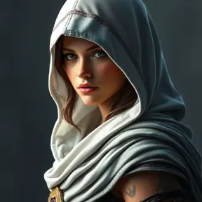 A beautiful Kassandra wearing a white hood in full Assassin's Creed style