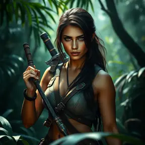 Alluring full body portrait of a beautiful Lara Croft in the jungle getting ready for battle