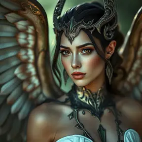 Alluring matte portrait of a beautiful Nidalee with wings