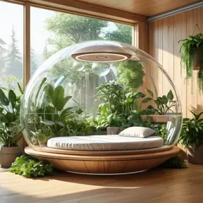 Futuristic sleeping relax pod, transparent orb, plants, natural daytime lighting, natural wooden environment, flat design, product-view