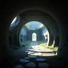 Arc hallway for secret overwatch habitation quarters carved inside a cave surrounding a lush garden