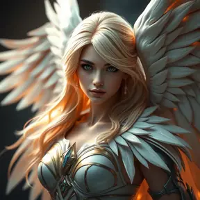 Alluring portrait of an angelic winged Kayle from League of Legends