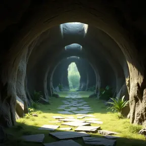 Arc hallway for secret overwatch habitation quarters carved inside a cave surrounding a lush garden