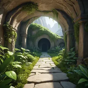 Arc hallway for secret overwatch habitation quarters carved inside a cave surrounding a lush garden