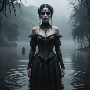 The frightening La Yorona with black eyes on her shoulder stands in a dark lake. Mist. Rain.