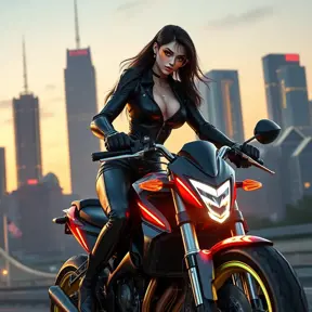 A futuristic biker chick in a sleek black leather jumpsuit rides a neon-lit motorcycle through a cityscape at dusk, the skyscrapers towering above her.