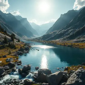 Lake in mountains streams and rivers flow down slopes of mountains and rocks into the valley spring in mountains