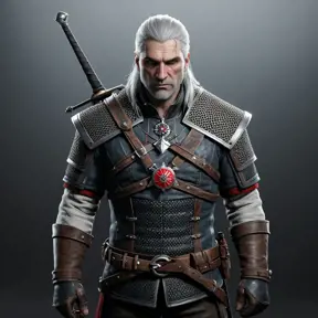 A full body matte portrait of Geralt in The Witcher 3 grey and red style wearing the Witcher medallion