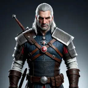 A full body matte portrait of Geralt in The Witcher 3 grey and red style wearing the Witcher medallion