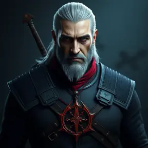 A full body matte portrait of Geralt in The Witcher 3 grey and red style wearing the Witcher medallion