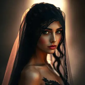 A beautiful veiled Nidalee wearing a lacy black veil, perfect face