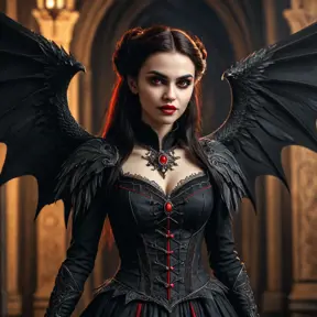 A beautiful winged romanian vampire woman with fangs, red eyes