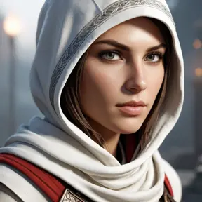 A beautiful Kassandra wearing a white hood in full Assassin's Creed style