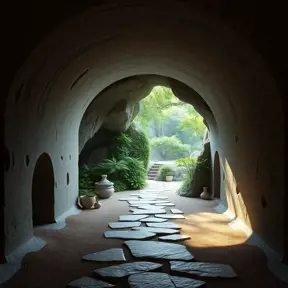 Arc hallway for secret overwatch habitation quarters carved inside a cave surrounding a lush garden