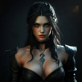 Alluring matte portrait of the beautiful Yennefer from the Witcher 3 in black leather