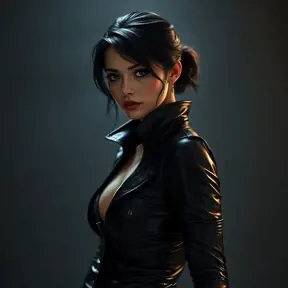 Alluring matte portrait of the beautiful Cassandra Cain in black leather