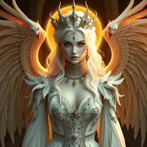 A beautiful, otherworldly vampire queen with skin as pale as snow and hair as bright as the golden sun, surrounded by a retinue of ghostly, winged attendants.