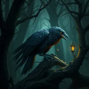 Raven in a haunted forest