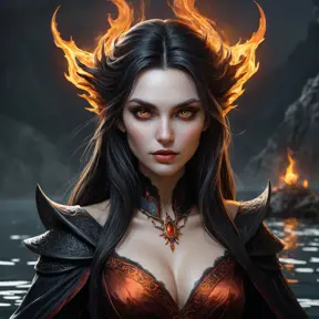 A powerful, ancient vampire sorceress with eyes that burn like embers and skin that seems to shift and ripple like the surface of a dark, mystical lake.