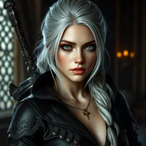 Alluring matte portrait of the beautiful Ciri from the Witcher 3 in black leather