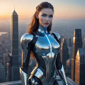 A stunning, futuristic vampire cyborg with skin that shimmers like the surface of a chrome-plated mirror and eyes that glow like hot blue LEDs, standing atop a skyscraper at dawn.