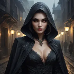 A mysterious, shadowy vampire assassin with skin as dark as coal and eyes that glow like lanterns in the night, lurking in the alleys of a fog-shrouded city.