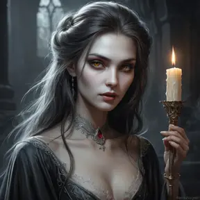 A haunting, ghostly vampire spirit with eyes that burn like candles in the dark and skin that seems to fade away like a mist in the morning light.