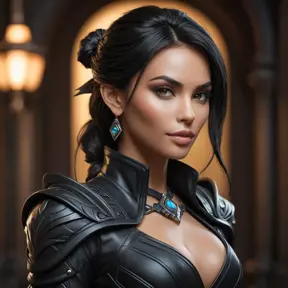 Alluring matte portrait of the beautiful Nidalee in black leather