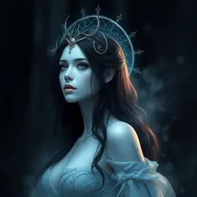 A mystical, moonlit forest queen with skin as pale as alabaster and hair as black as the night sky, surrounded by a halo of ethereal mist.