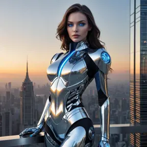 A stunning, futuristic vampire cyborg with skin that shimmers like the surface of a chrome-plated mirror and eyes that glow like hot blue LEDs, standing atop a skyscraper at dawn.