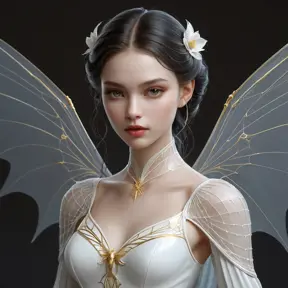 A delicate, porcelain-skinned vampire maiden with wings as transparent as glass and hair that flows like the golden threads of a spider's web.