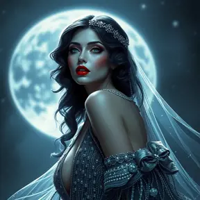 A seductive, 1920s-inspired vampire siren with a crimson lip and a flowing, beaded gown that shimmers like the stars in a midnight sky.