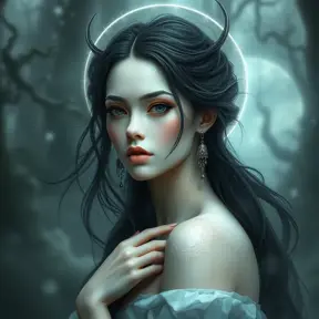 A mystical, moonlit forest queen with skin as pale as alabaster and hair as black as the night sky, surrounded by a halo of ethereal mist.