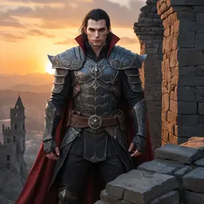 A fierce, battle-hardened vampire warrior with skin as tough as leather and eyes that blaze like hot coals, standing atop a ruined castle wall at sunset.