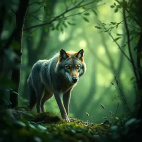 A wolf in a green magical forest