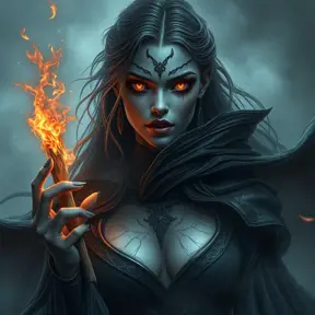 A powerful, ancient vampire sorceress with eyes that burn like embers and skin that seems to shift and ripple like the surface of a dark, mystical lake.