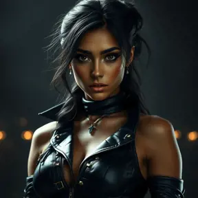 Alluring matte portrait of the beautiful Nidalee in black leather