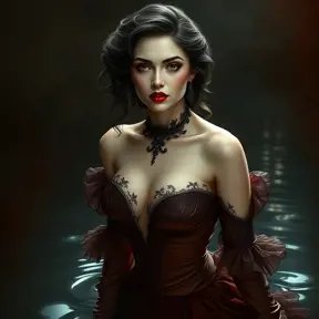 A sensual, 19th-century-inspired vampire courtesan with a ruby-red lip and a gown that seems to shimmer and shine like the surface of a still, dark pool.