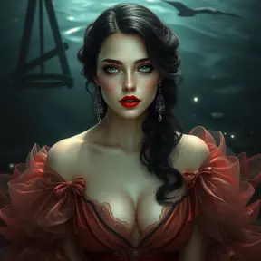 A sensual, 19th-century-inspired vampire courtesan with a ruby-red lip and a gown that seems to shimmer and shine like the surface of a still, dark pool.