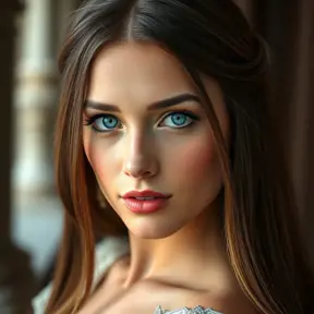 A gorgeous woman inspired by the Renaissance era, with long, straight brown hair and piercing blue eyes