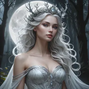 A mystical, moonlit forest queen with skin as pale as alabaster and hair as black as the night sky, surrounded by a halo of ethereal mist.