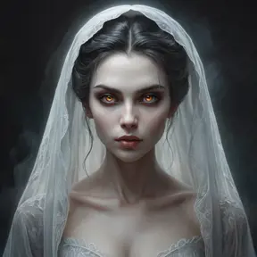 A haunting, ghostly vampire spirit with eyes that burn like candles in the dark and skin that seems to fade away like a mist in the morning light.