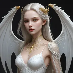 A delicate, porcelain-skinned vampire maiden with wings as transparent as glass and hair that flows like the golden threads of a spider's web.