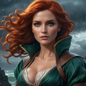 Triss in a dramatic, stormy night scene, her robes and hair blown by the wind as she casts a protective spell