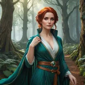 Triss in a misty, enchanted forest, her robes flowing as she walks among ancient trees, her eyes sparkling with magical knowledge